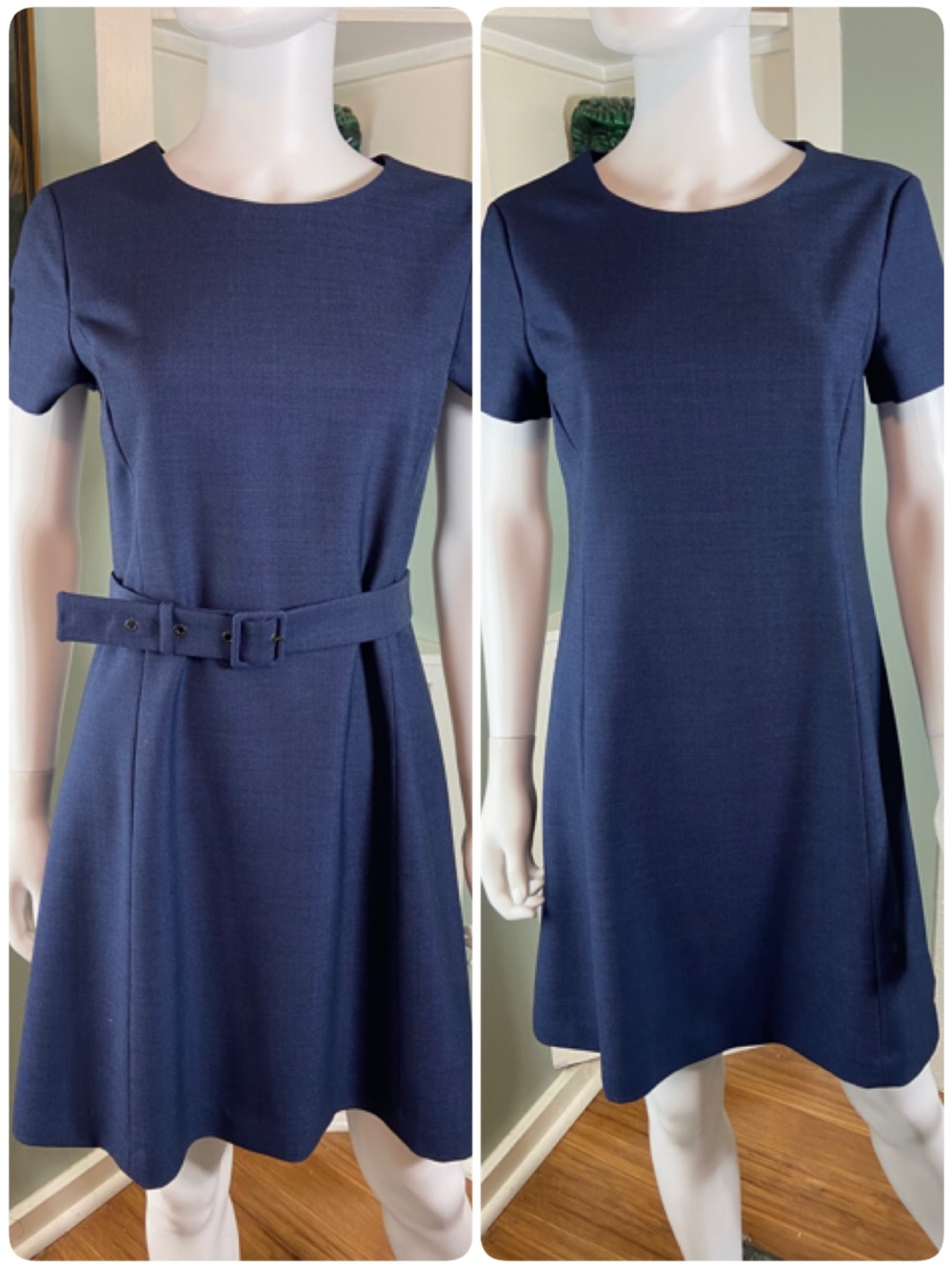 Theory Hanneli Wool Blend Navy Blue Belted Mini Side Panel Shift Dress Sz 6